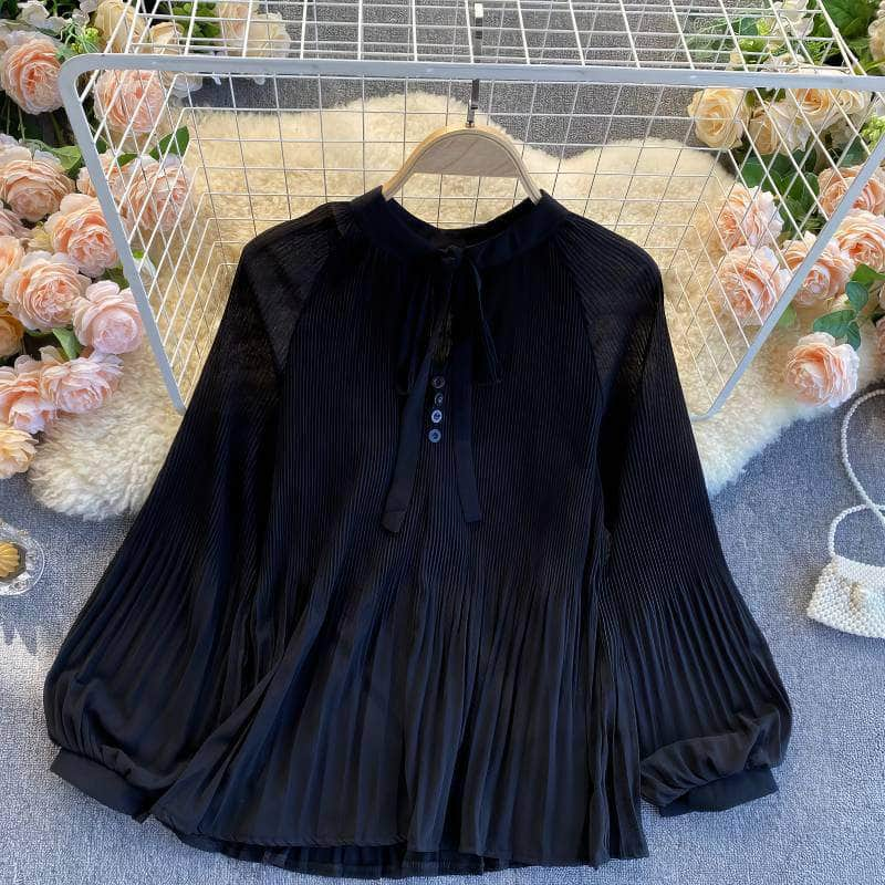 Button Detailed Lantern Sleeves Pleated Chiffon Blouse MAX SIZE / Black