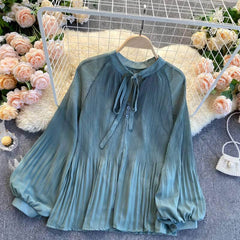 Button Detailed Lantern Sleeves Pleated Chiffon Blouse MAX SIZE / CadetBlue