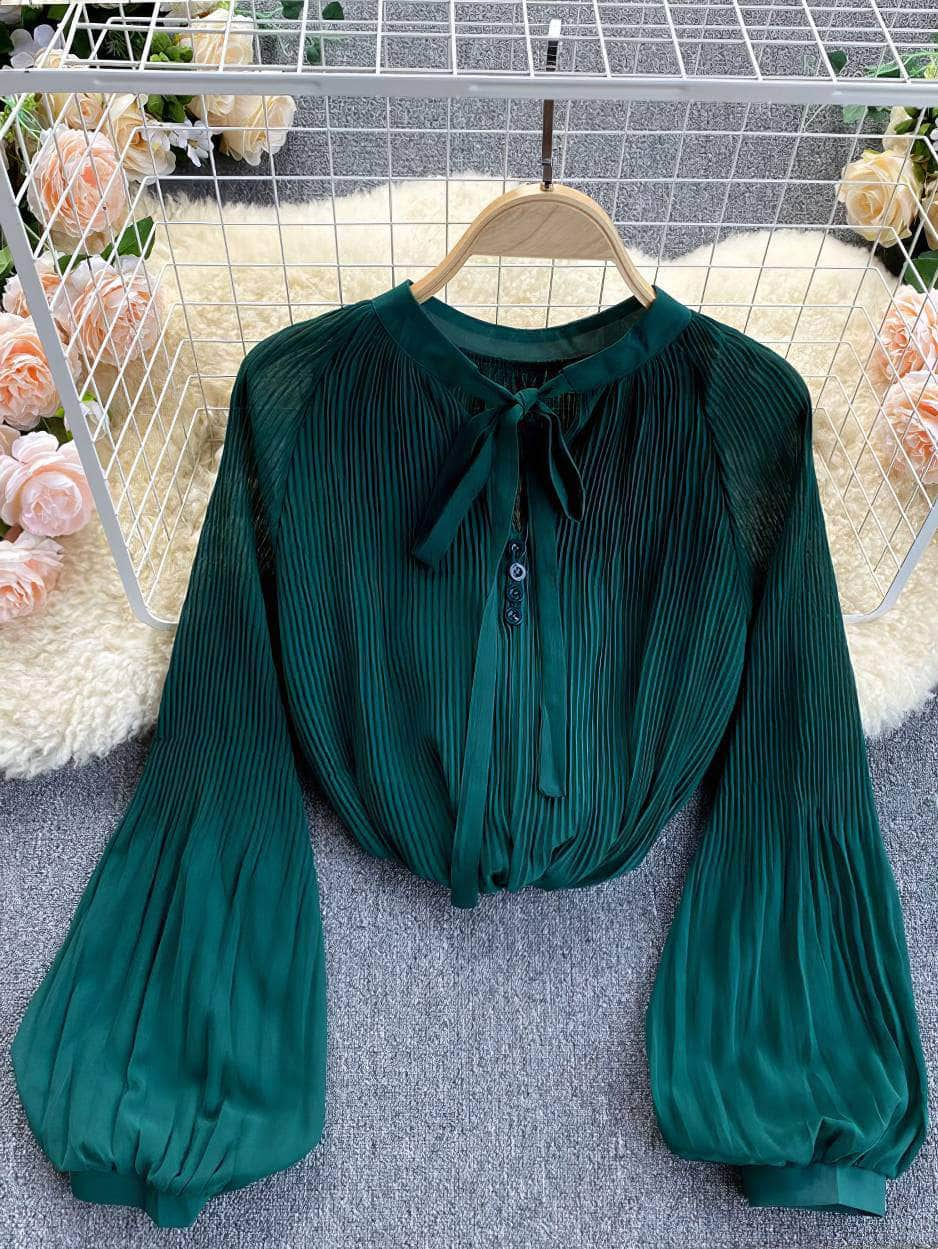 Button Detailed Lantern Sleeves Pleated Chiffon Blouse MAX SIZE / DarkGreen