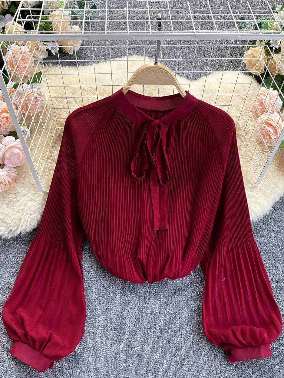 Button Detailed Lantern Sleeves Pleated Chiffon Blouse MAX SIZE / DarkRed