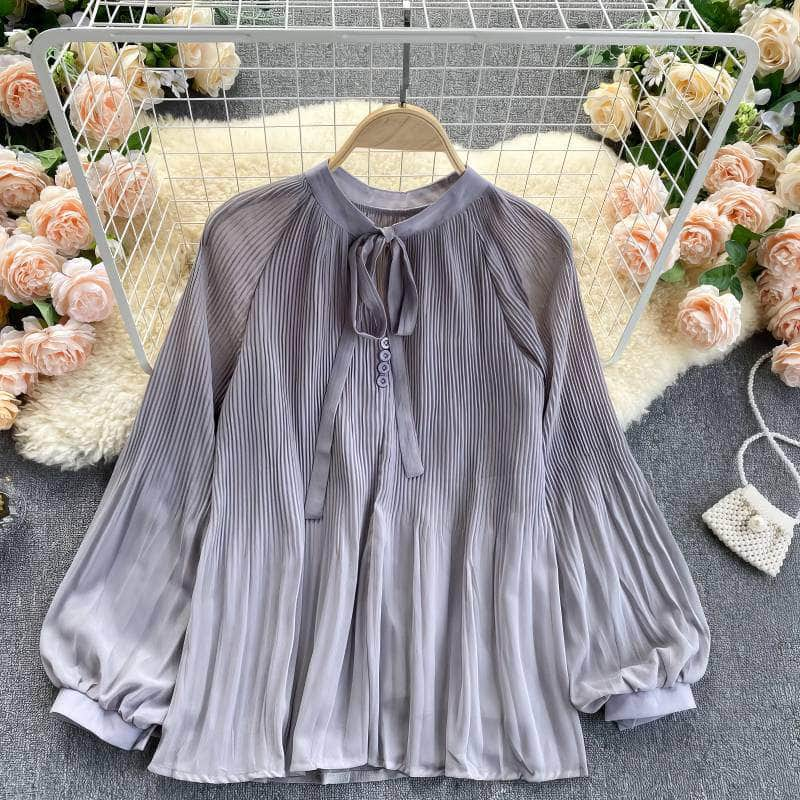 Button Detailed Lantern Sleeves Pleated Chiffon Blouse MAX SIZE / Gray