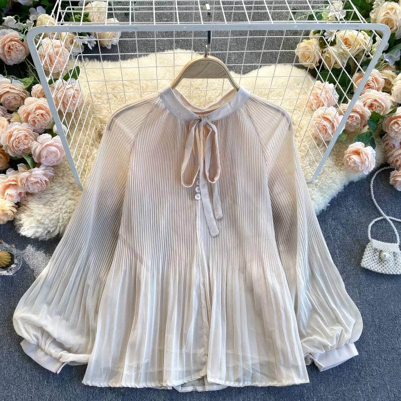 Button Detailed Lantern Sleeves Pleated Chiffon Blouse MAX SIZE / Ivory