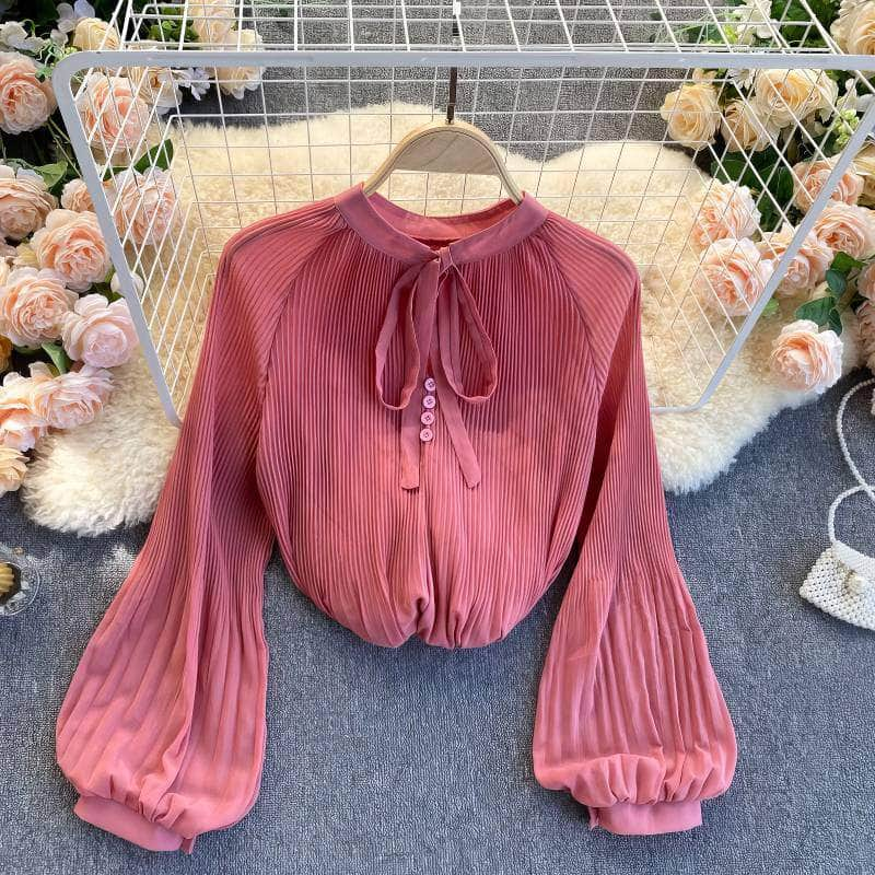 Button Detailed Lantern Sleeves Pleated Chiffon Blouse MAX SIZE / PaleVioletRed