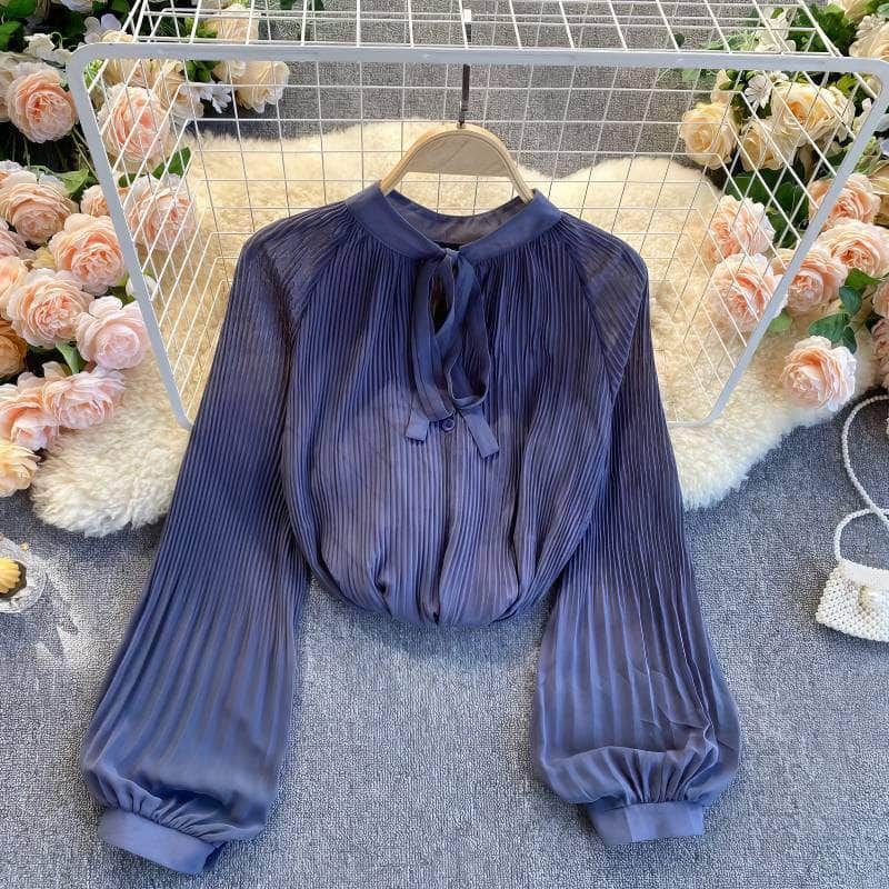 Button Detailed Lantern Sleeves Pleated Chiffon Blouse MAX SIZE / Purple