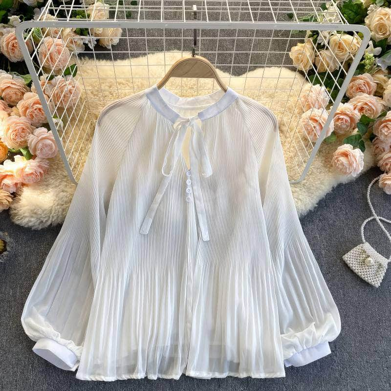 Button Detailed Lantern Sleeves Pleated Chiffon Blouse MAX SIZE / White