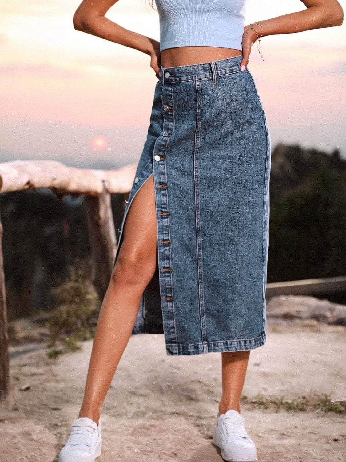 Button Down Denim Skirt Navy / XS