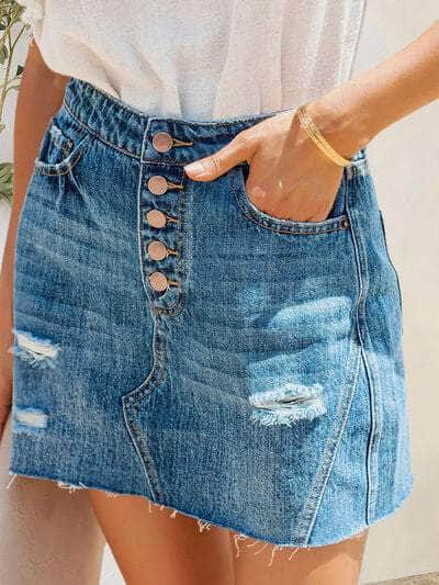 Button-Fly Distressed Raw Hem Denim Skirt Medium / S