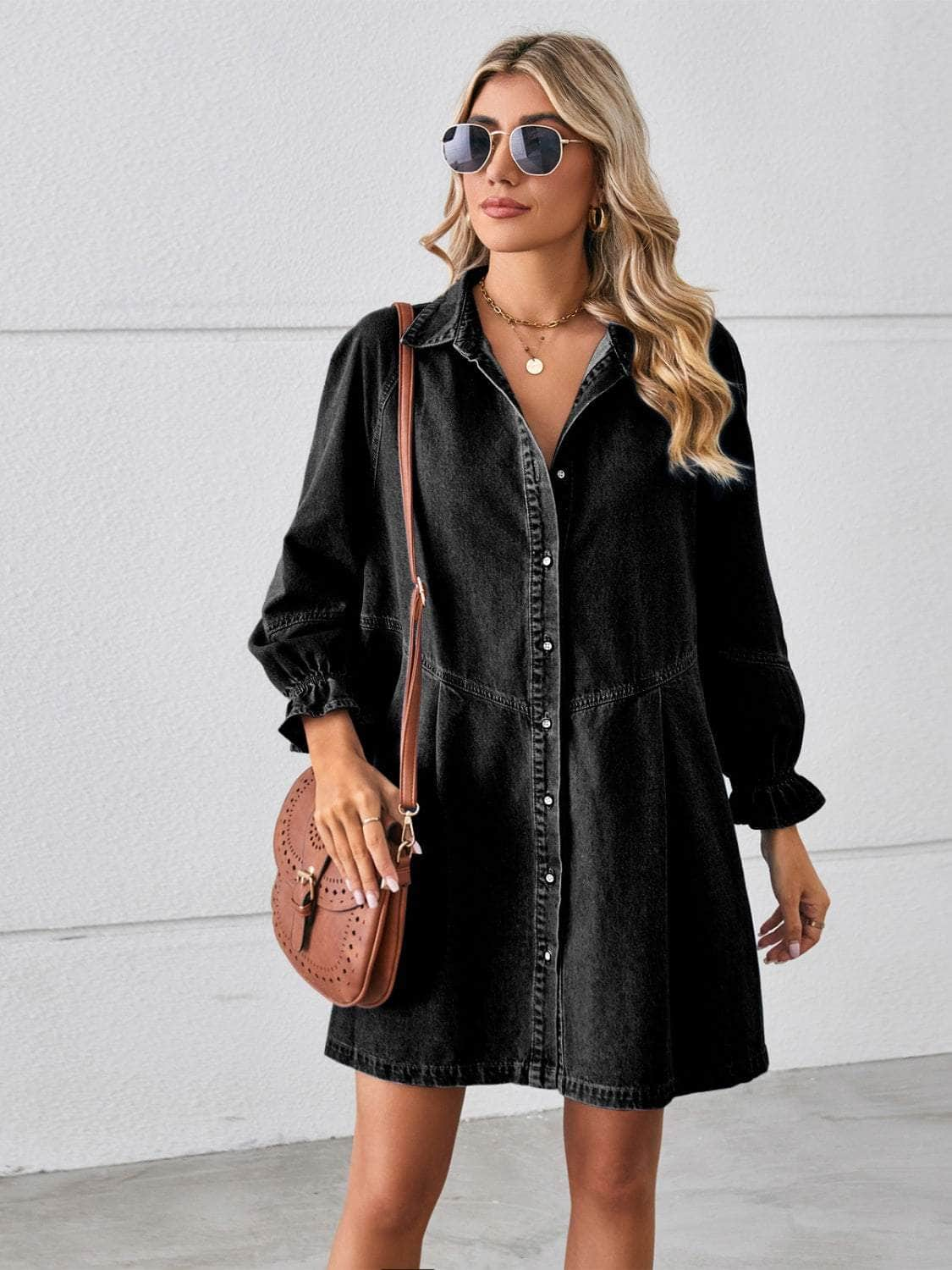 Button Up Flounce Sleeve Mini Denim Dress Black / S