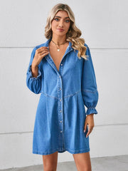 Button Up Flounce Sleeve Mini Denim Dress Dusty  Blue / S