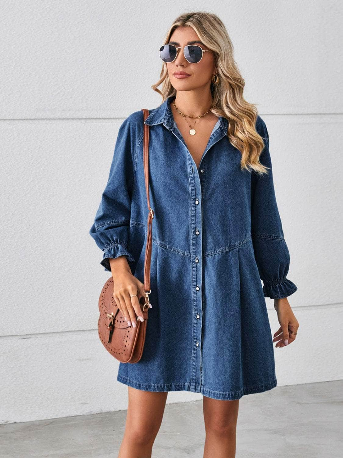 Button Up Flounce Sleeve Mini Denim Dress Peacock  Blue / S