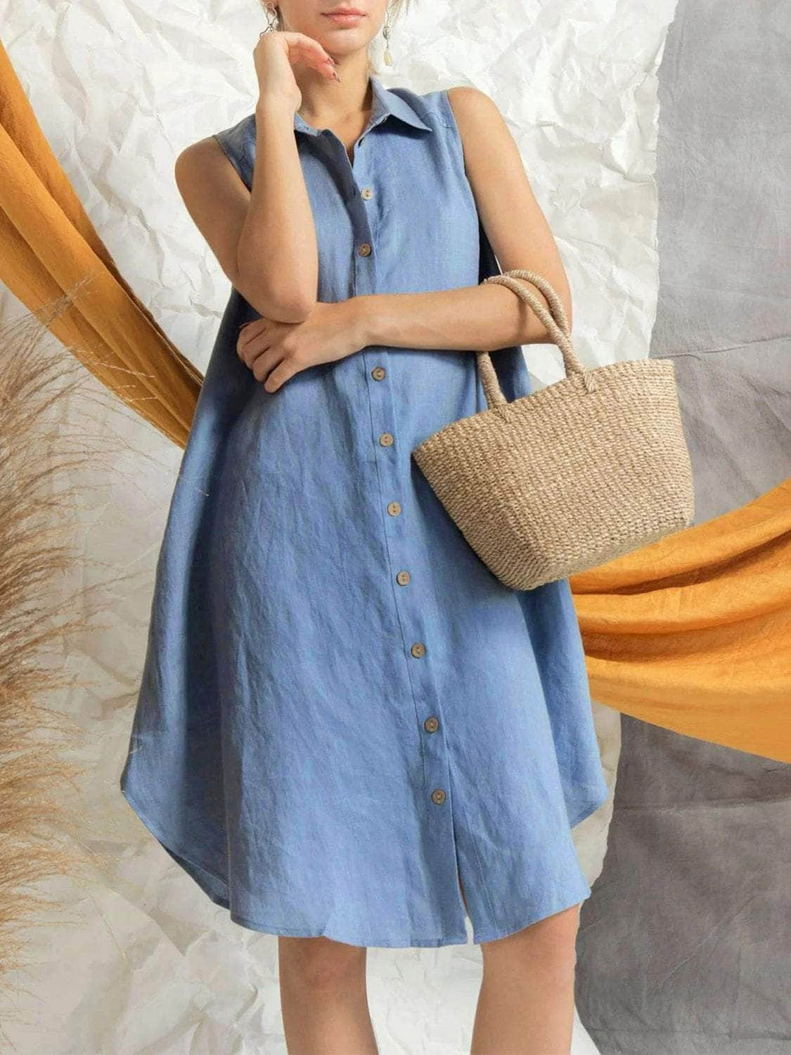 Button Up Sleeveless Shirt Dress Light Blue / S