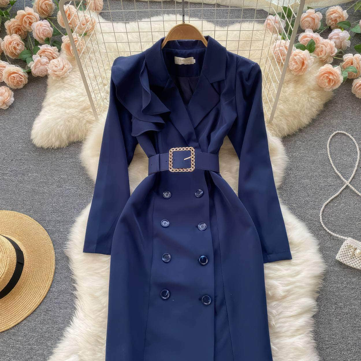 Buttoned Down Long Sleeve Ruffled Blazer Dress