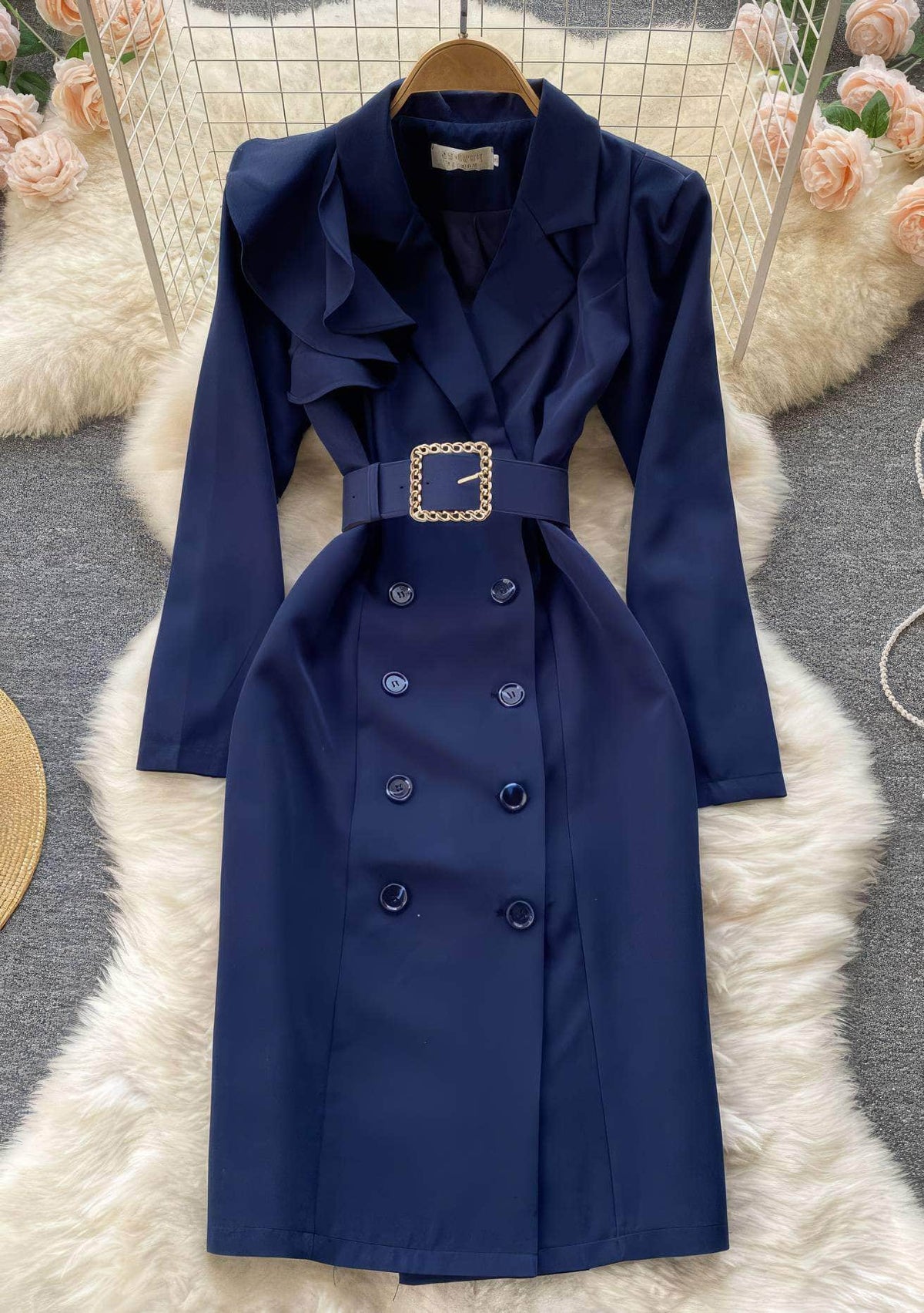 Buttoned Down Long Sleeve Ruffled Blazer Dress