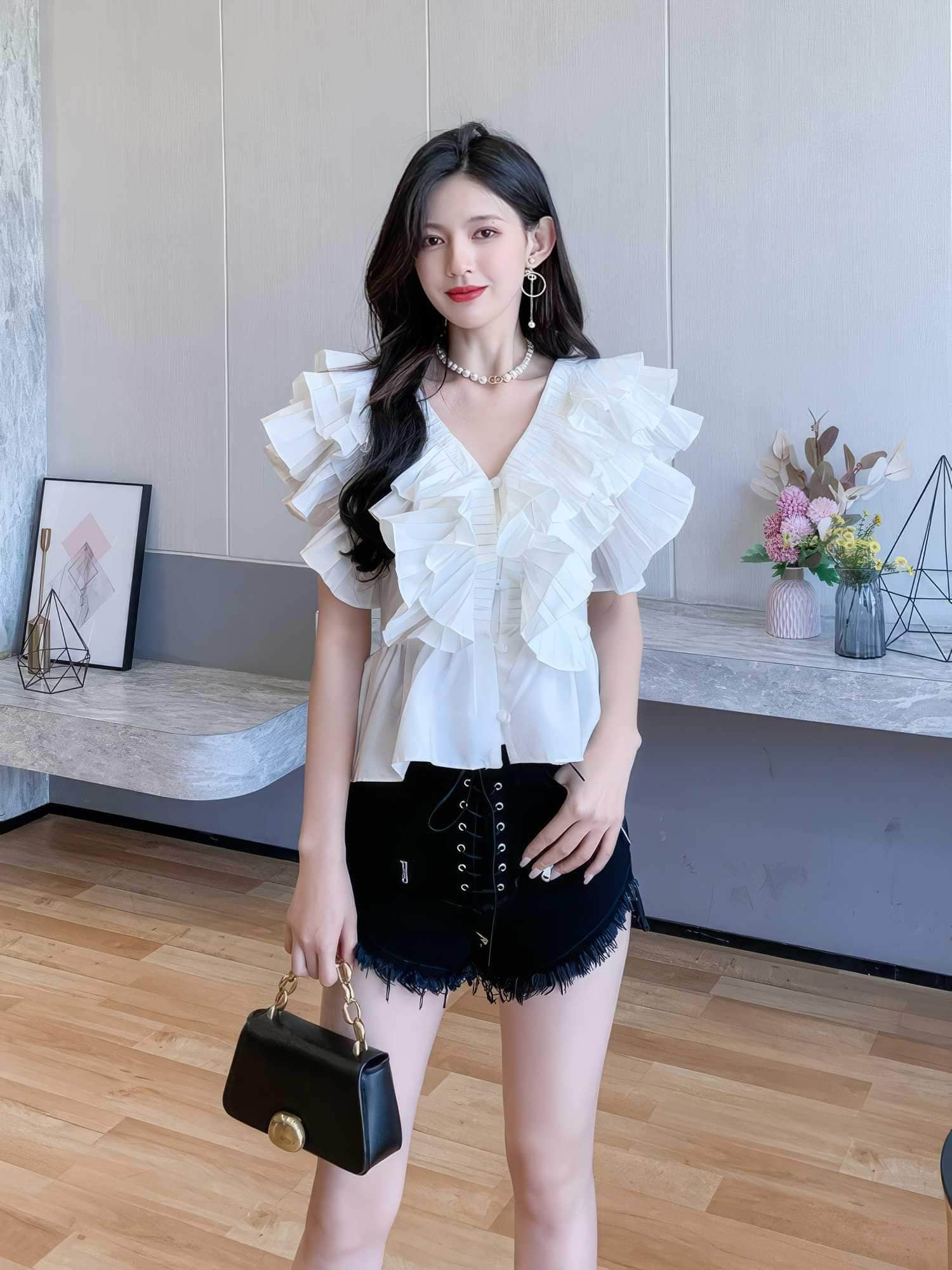 Buttoned Down Ruffled V-Neck Loose Blouse