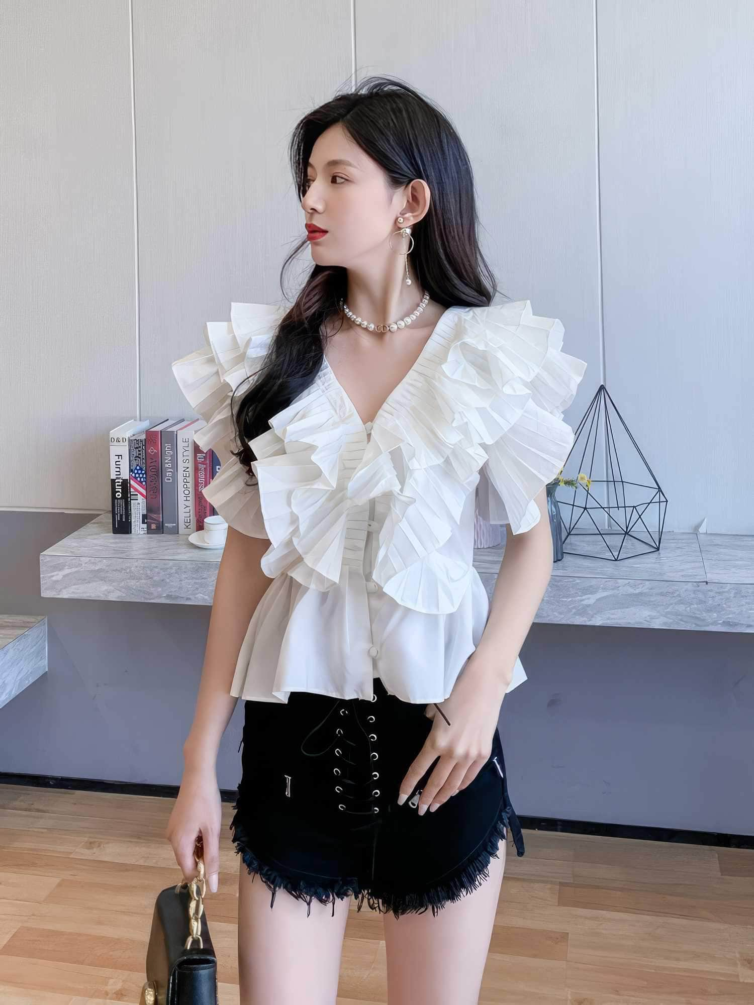 Buttoned Down Ruffled V-Neck Loose Blouse