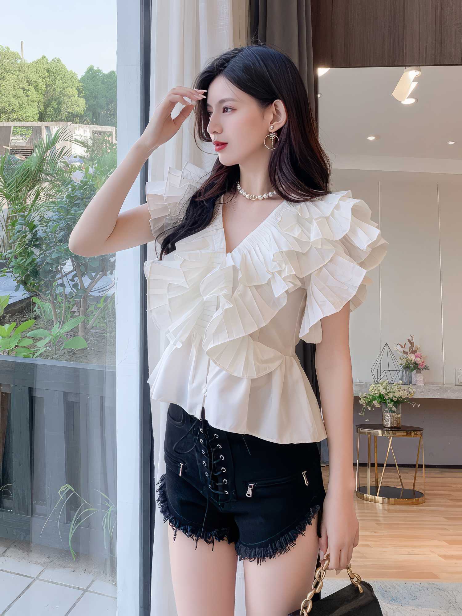 Buttoned Down Ruffled V-Neck Loose Blouse