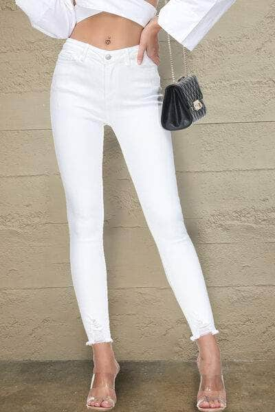 Buttoned Raw Hem Jeans with Pockets White / 1