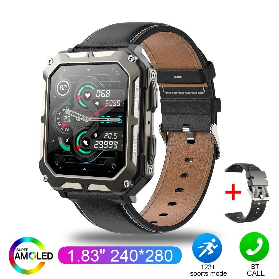 C20 Pro Smartwatch: 1.83" Bluetooth, IP68 Waterproof, Music, Calls, Sports & Fitness Black black leather