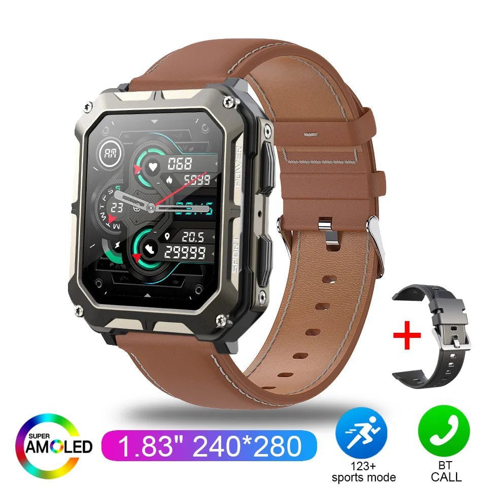 C20 Pro Smartwatch: 1.83" Bluetooth, IP68 Waterproof, Music, Calls, Sports & Fitness Black brown leather