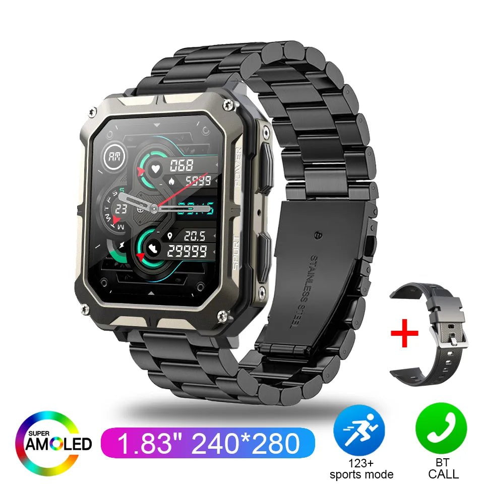 C20 Pro Smartwatch: 1.83" Bluetooth, IP68 Waterproof, Music, Calls, Sports & Fitness Black steel strip