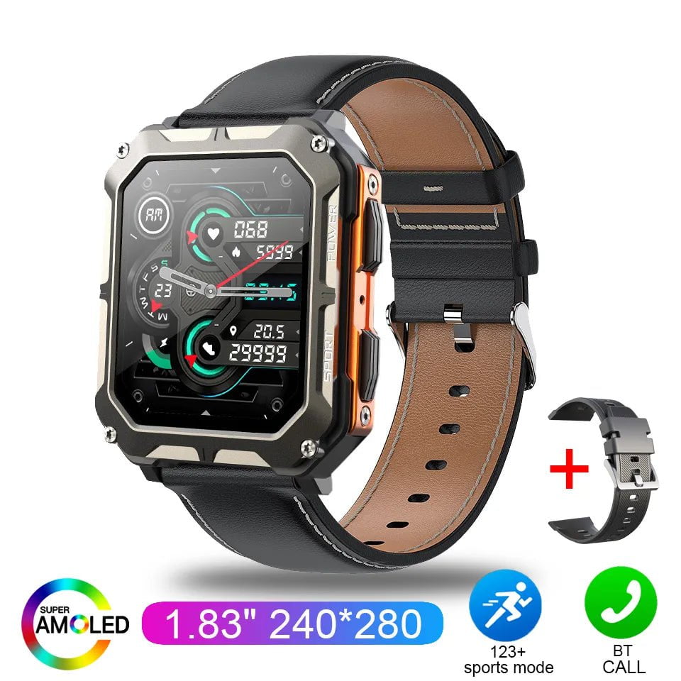 C20 Pro Smartwatch: 1.83" Bluetooth, IP68 Waterproof, Music, Calls, Sports & Fitness Orange black leather