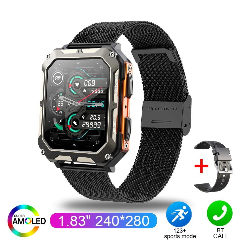 C20 Pro Smartwatch: 1.83" Bluetooth, IP68 Waterproof, Music, Calls, Sports & Fitness Orange mesh belt