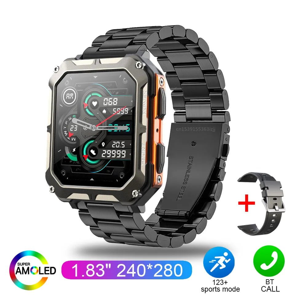 C20 Pro Smartwatch: 1.83" Bluetooth, IP68 Waterproof, Music, Calls, Sports & Fitness Orange steel strip