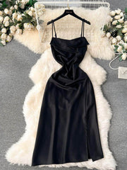 Cami Draped Side Slit Satin Dress S / Black