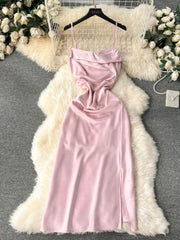 Cami Draped Side Slit Satin Dress S / Pink
