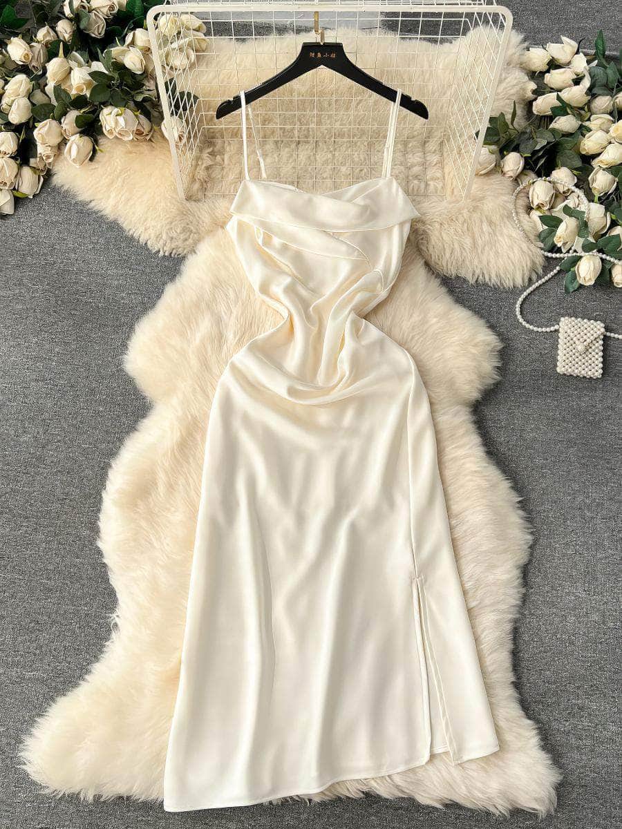 Cami Draped Side Slit Satin Dress S / White
