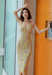 Cami Floral Lace-Trimmed Slim Fit Dress S / Yellow