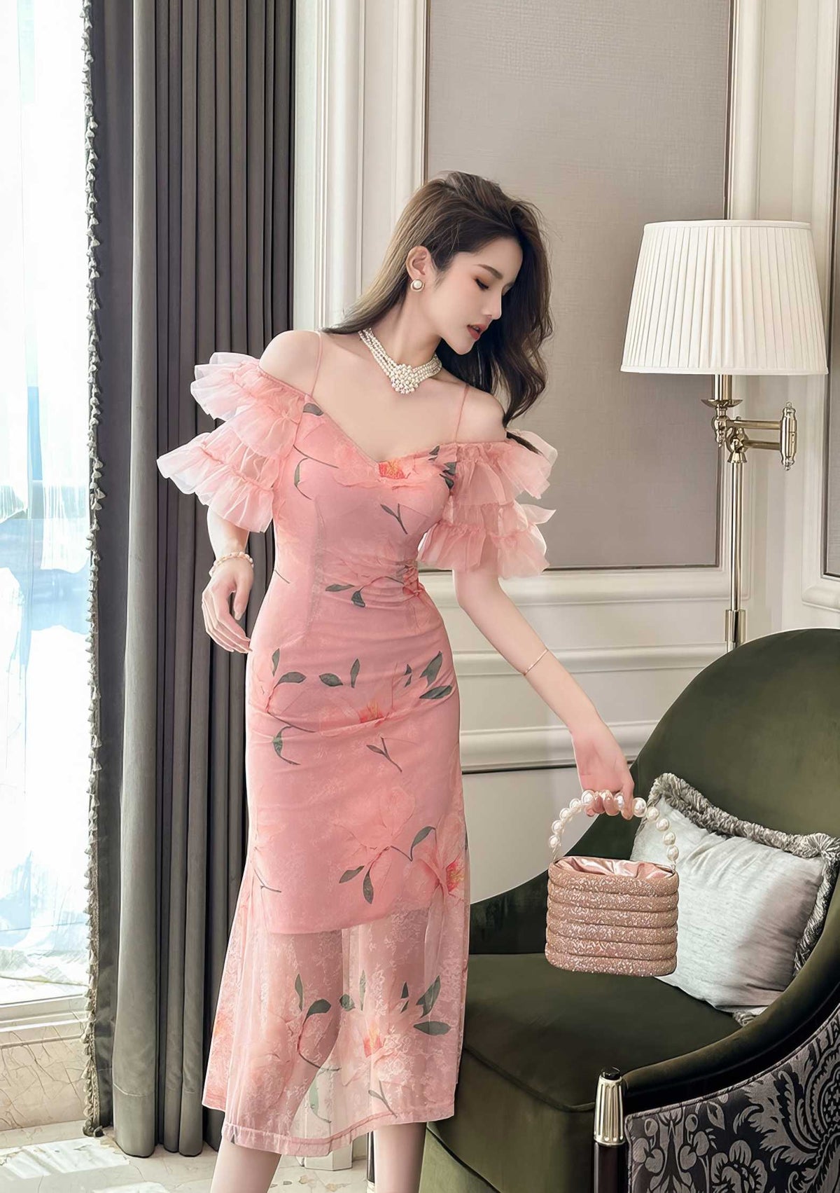 Cami Ruffled Sleeves Floral Printed Dress S / Pink