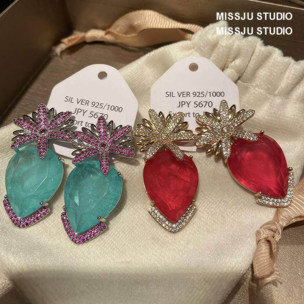 Candy Color Floral Stud Statement Crystal Earrings