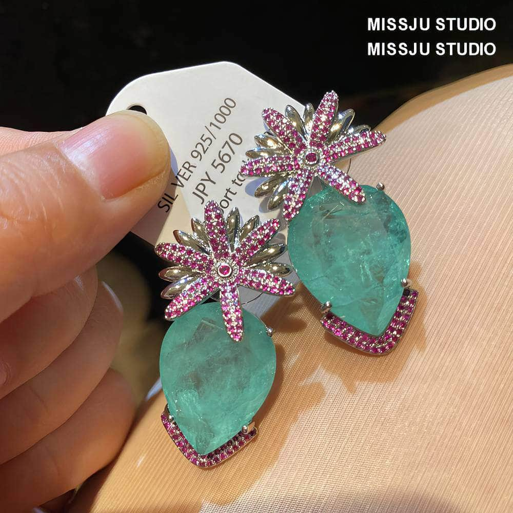 Candy Color Floral Stud Statement Crystal Earrings Green