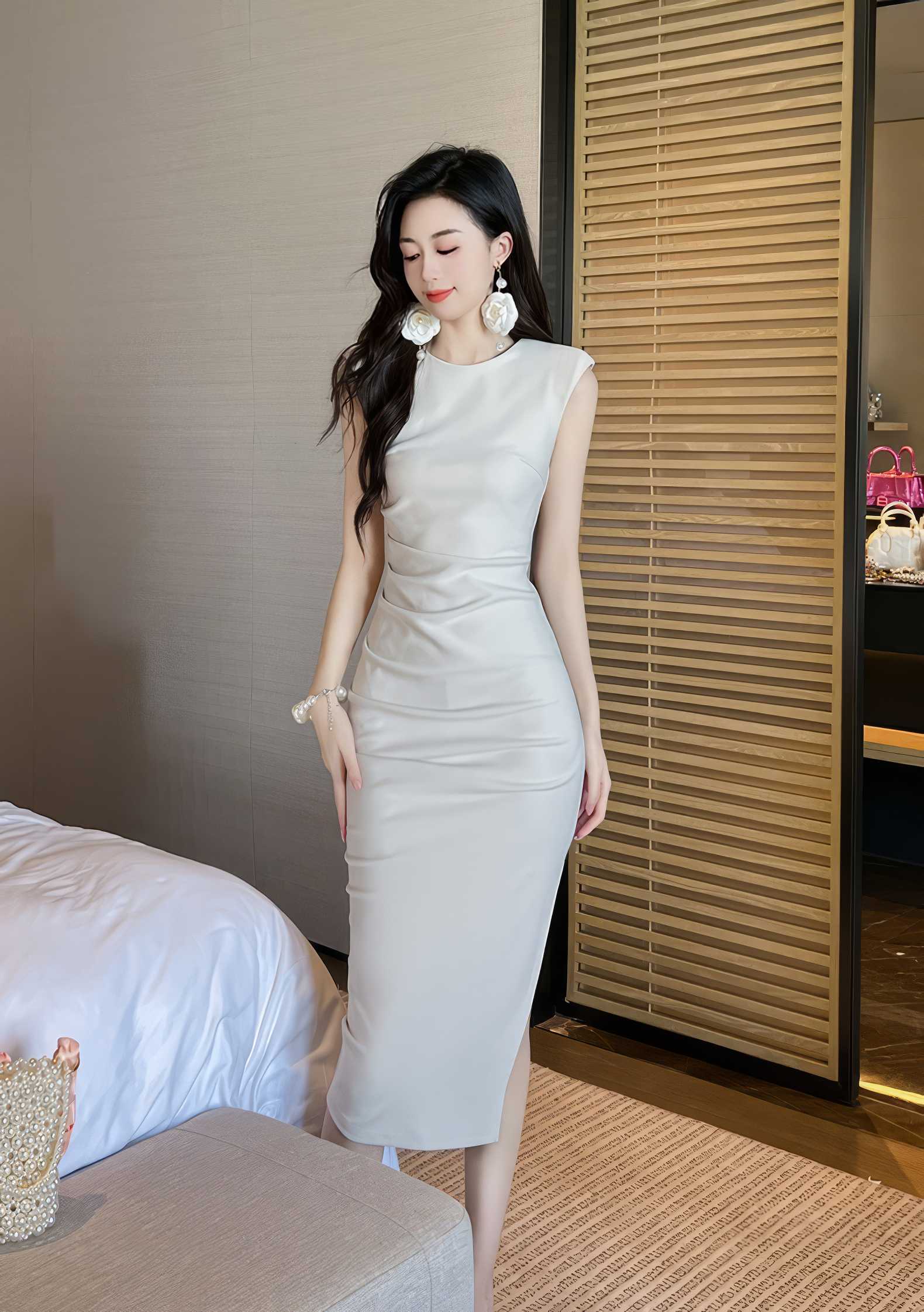 Cap Sleeves Side Slit Simple Midi Dress S / White