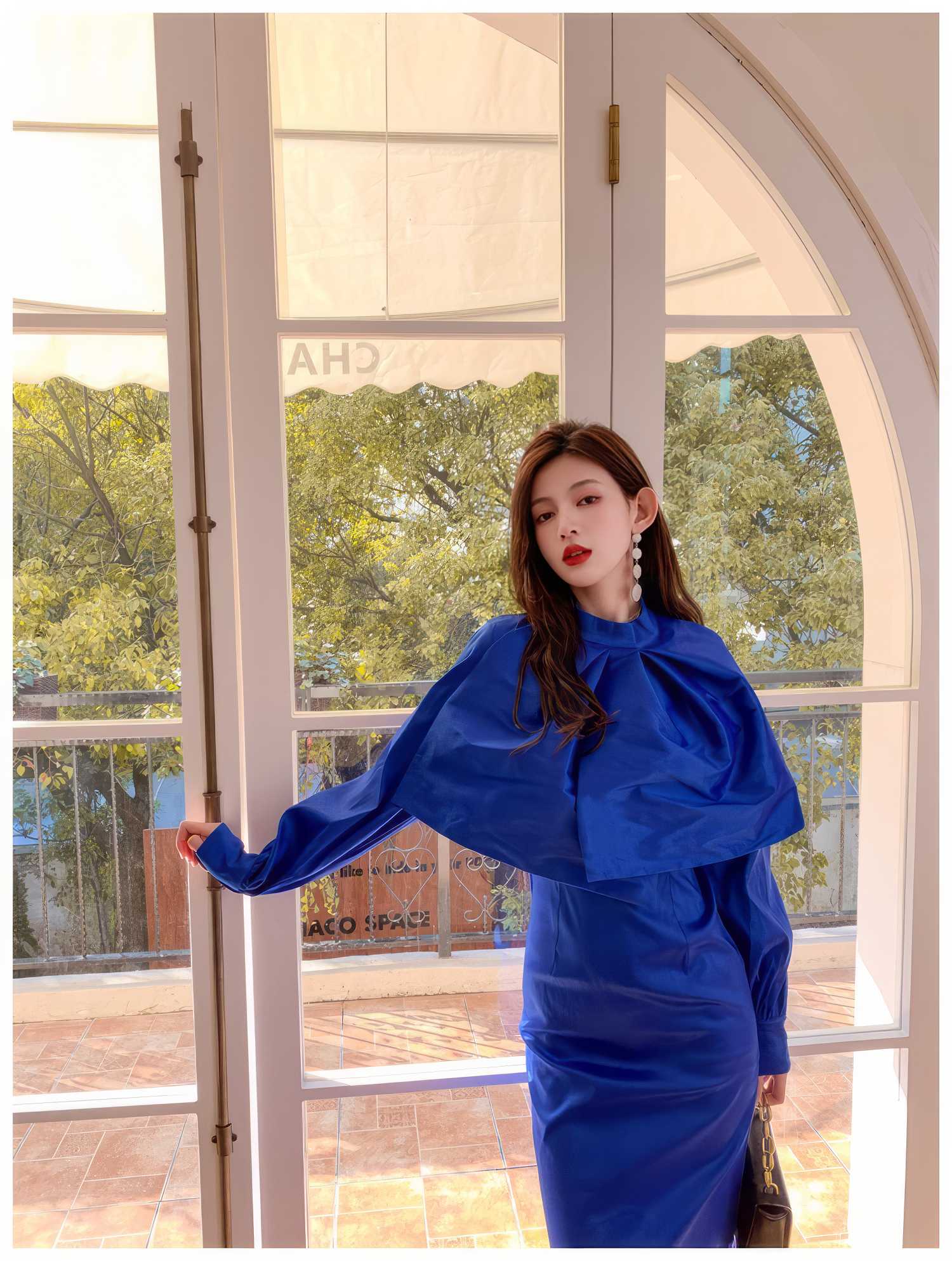 Cape-Neck Long-Sleeve Satin Midi Dress