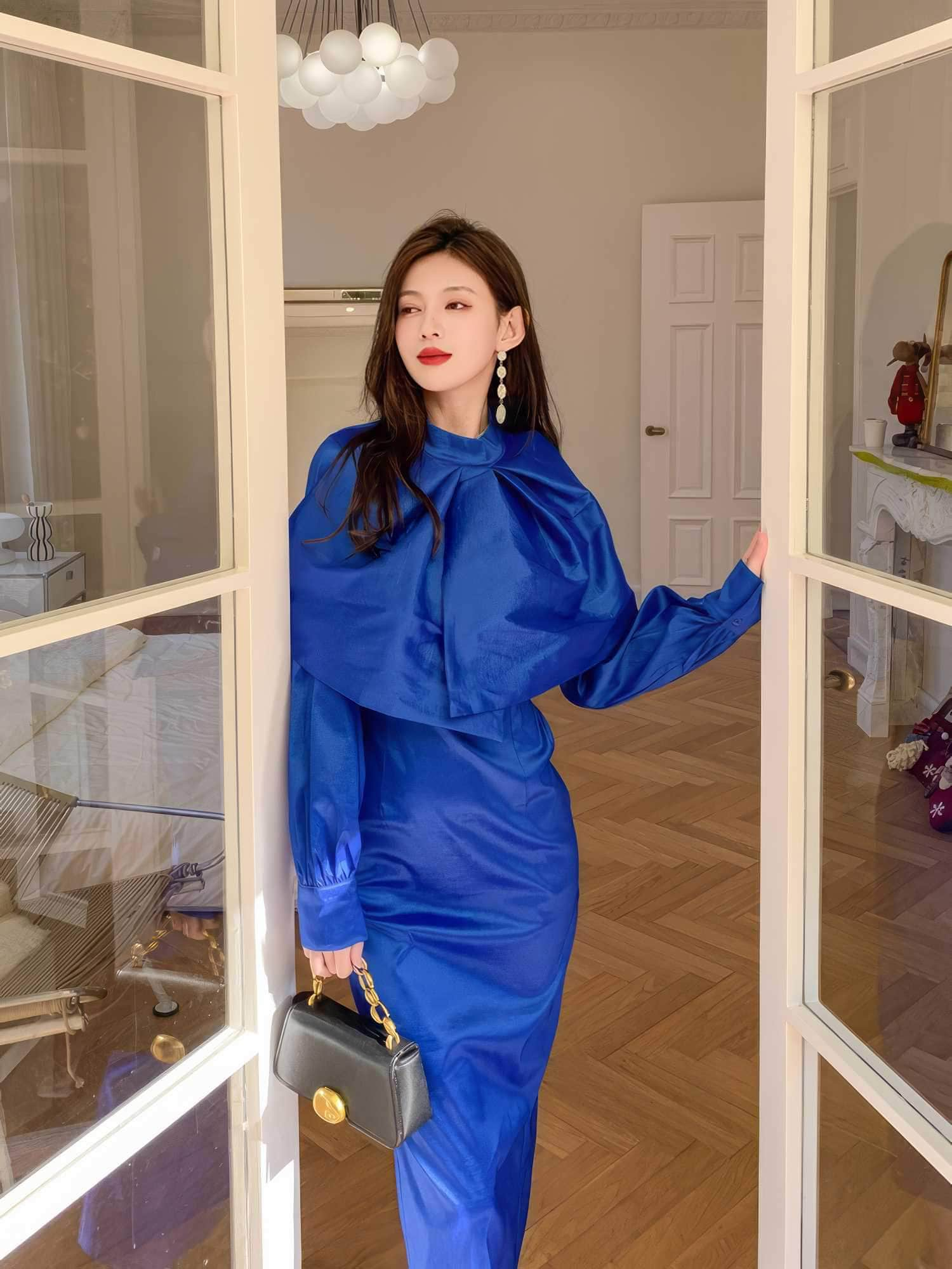 Cape-Neck Long-Sleeve Satin Midi Dress