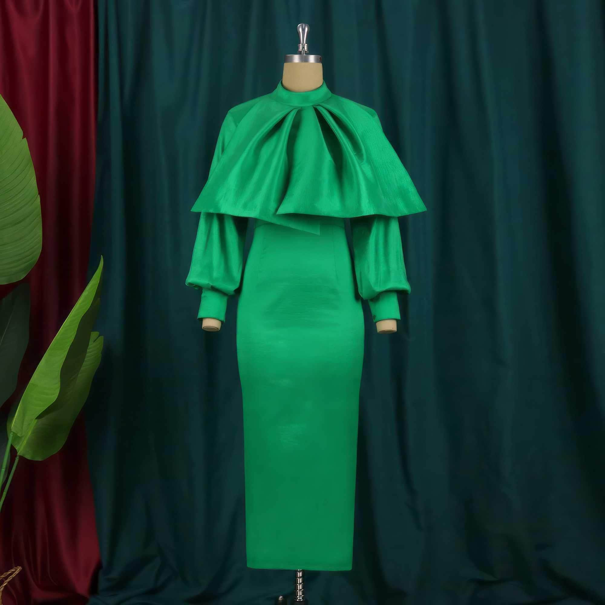 Cape-Neck Long-Sleeve Satin Midi Dress S / Green