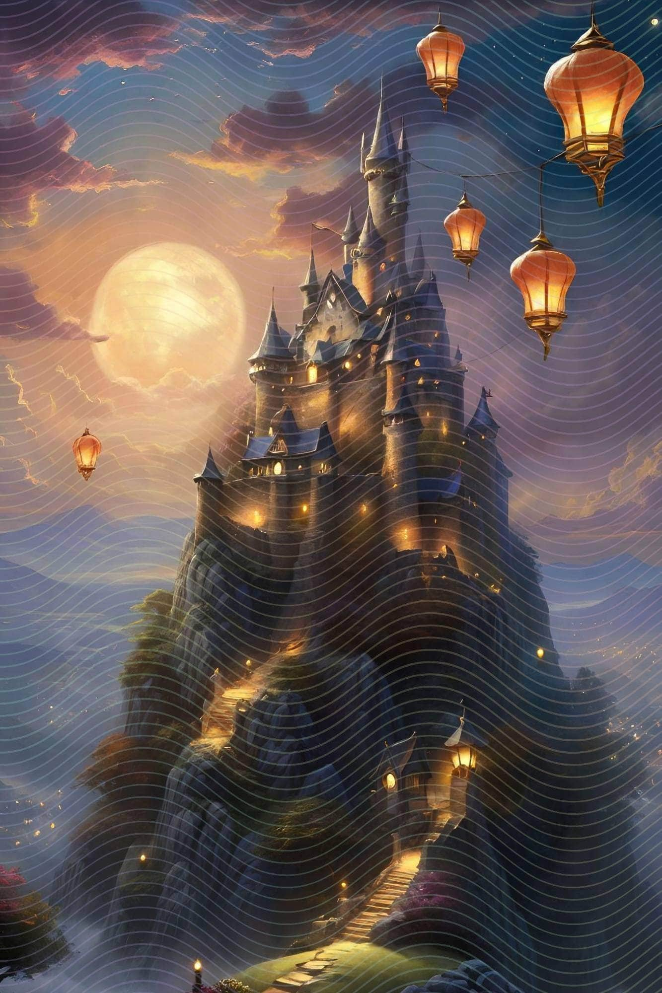 Castle on Hill with Floating Lanterns