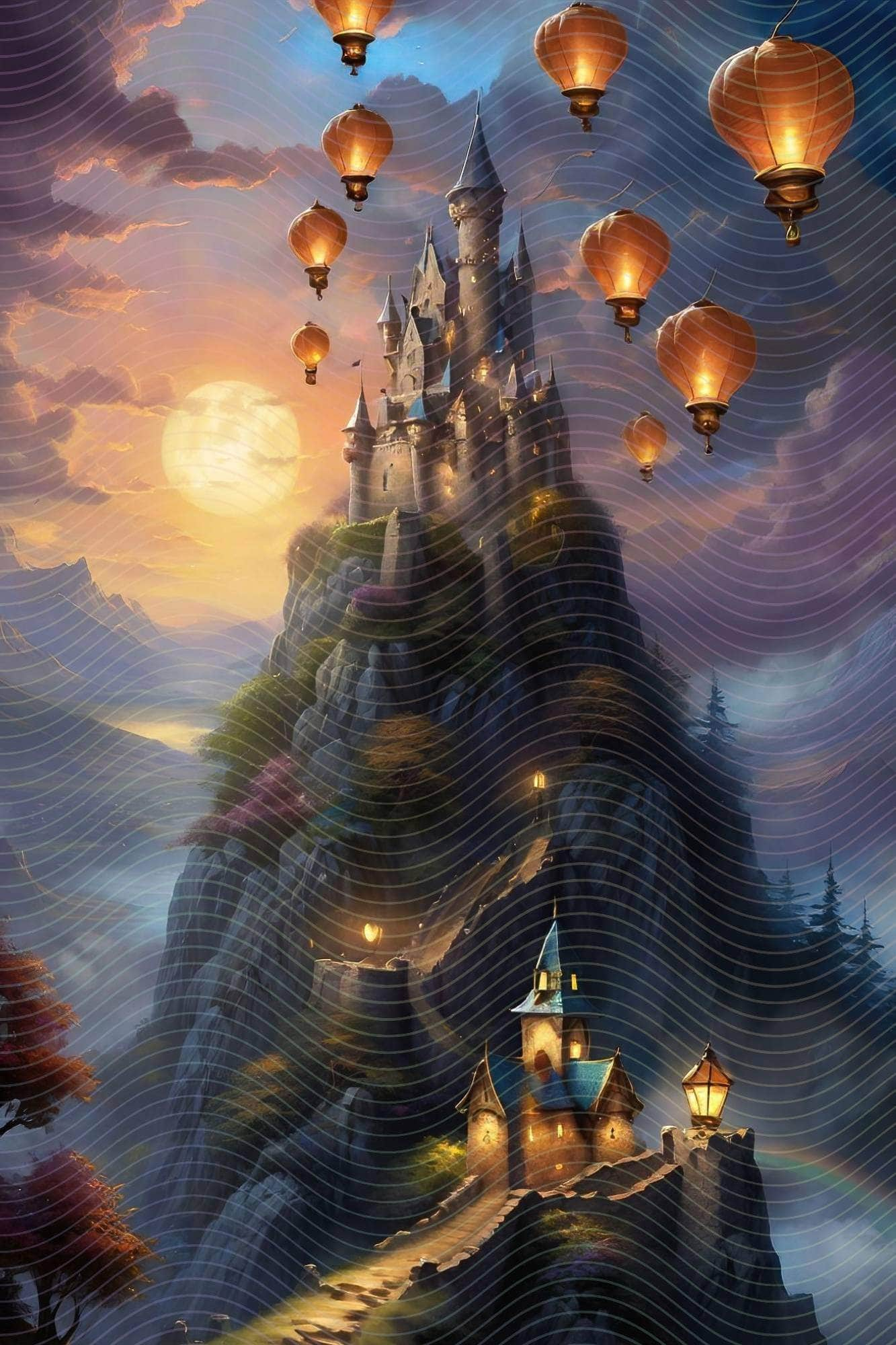 Castle on Hill with Floating Lanterns