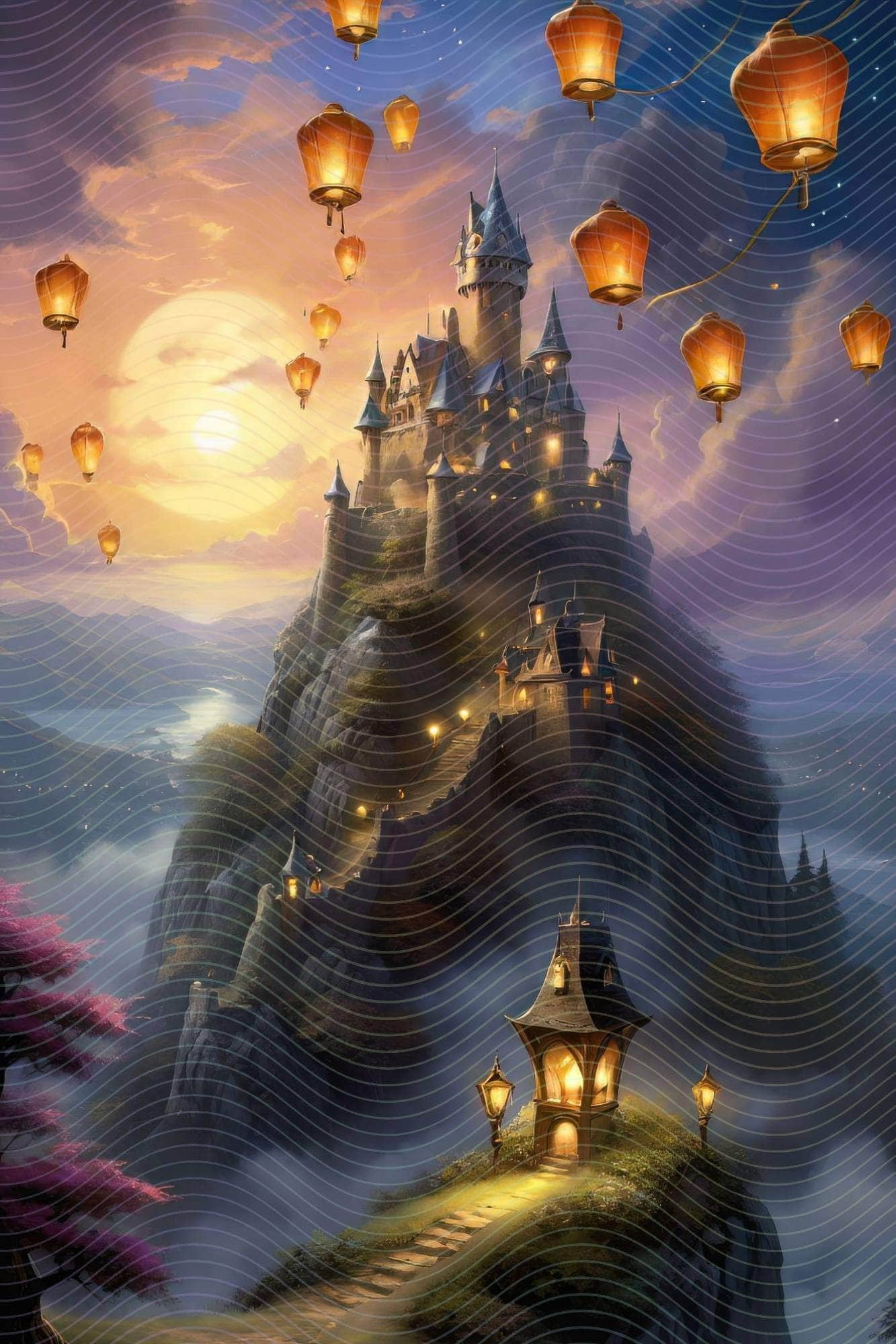 Castle on Hill with Floating Lanterns