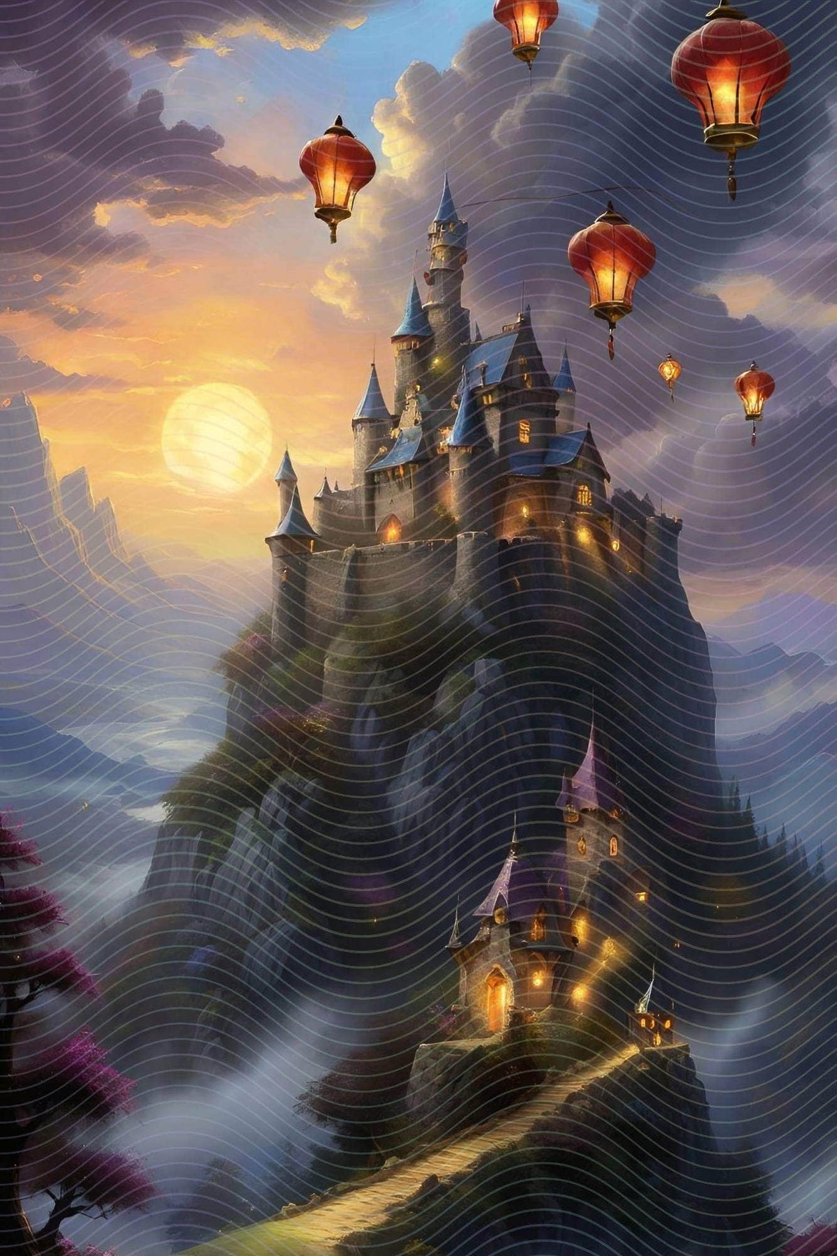 Castle on Hill with Floating Lanterns Enhanced JPEG Collection