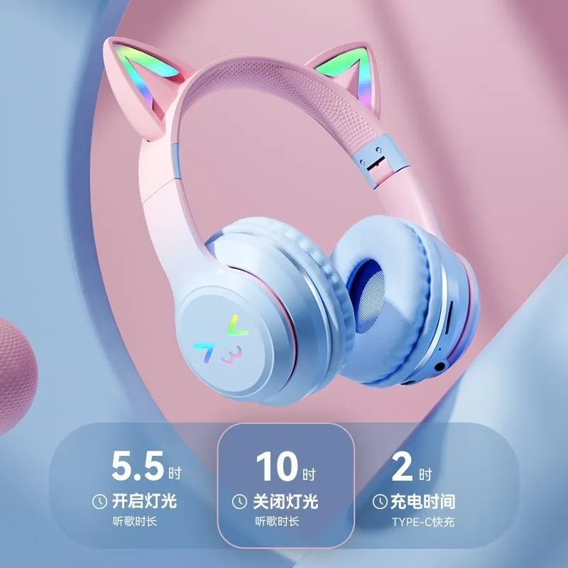 Cat's Ears RGB Light TWS Headset - Pink Gradient New Headphones, Smile Face, Perfect Gift for Little Girls, Compatible with Any Phone
