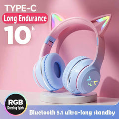 Cat's Ears RGB Light TWS Headset - Pink Gradient New Headphones, Smile Face, Perfect Gift for Little Girls, Compatible with Any Phone