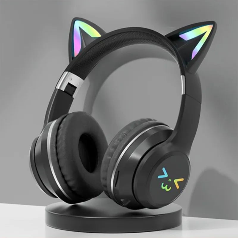 Cat's Ears RGB Light TWS Headset - Pink Gradient New Headphones, Smile Face, Perfect Gift for Little Girls, Compatible with Any Phone Black Cat
