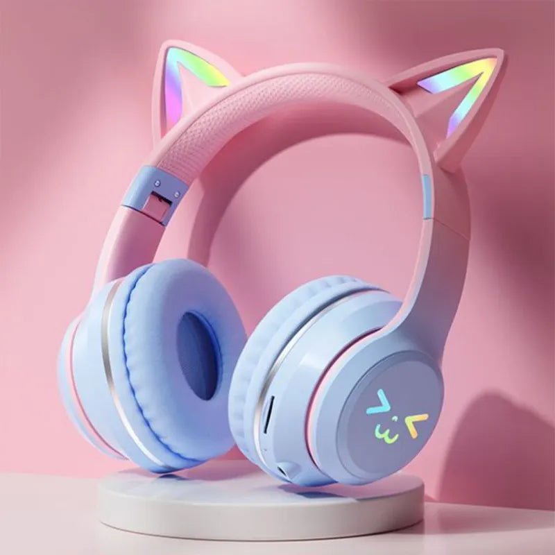 Cat's Ears RGB Light TWS Headset - Pink Gradient New Headphones, Smile Face, Perfect Gift for Little Girls, Compatible with Any Phone Blue Cat
