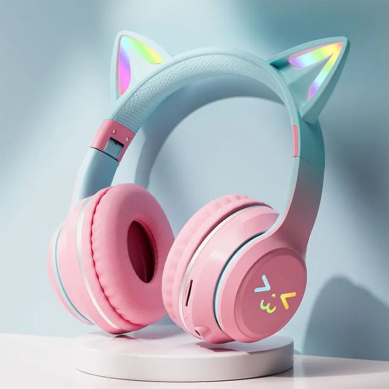 Cat's Ears RGB Light TWS Headset - Pink Gradient New Headphones, Smile Face, Perfect Gift for Little Girls, Compatible with Any Phone Pink Cat