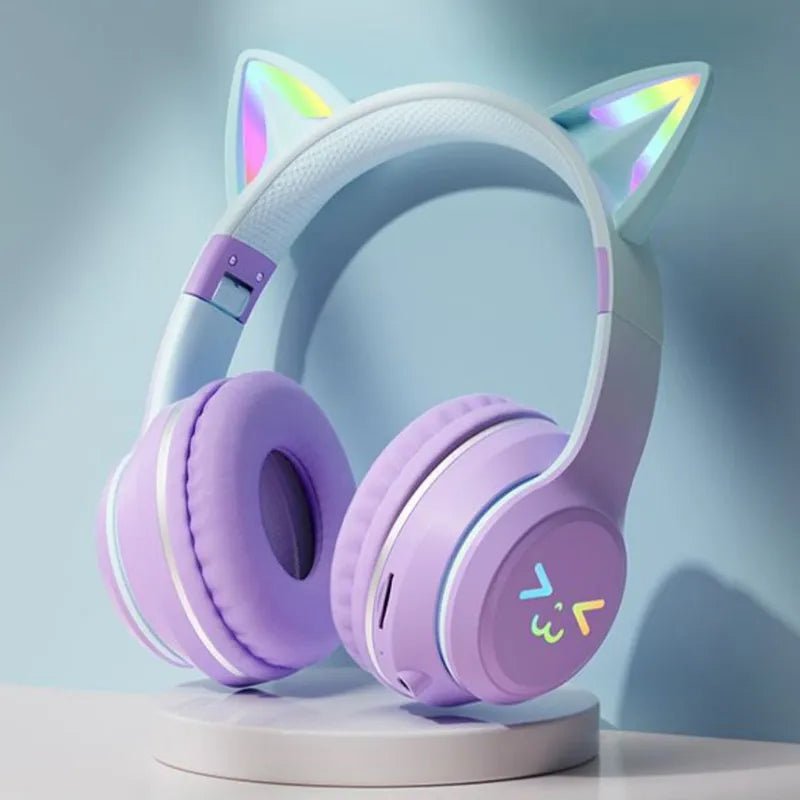 Cat's Ears RGB Light TWS Headset - Pink Gradient New Headphones, Smile Face, Perfect Gift for Little Girls, Compatible with Any Phone Purple Cat