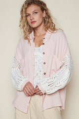 POL Openwork Lantern Sleeve Button Down Gauze Shirt