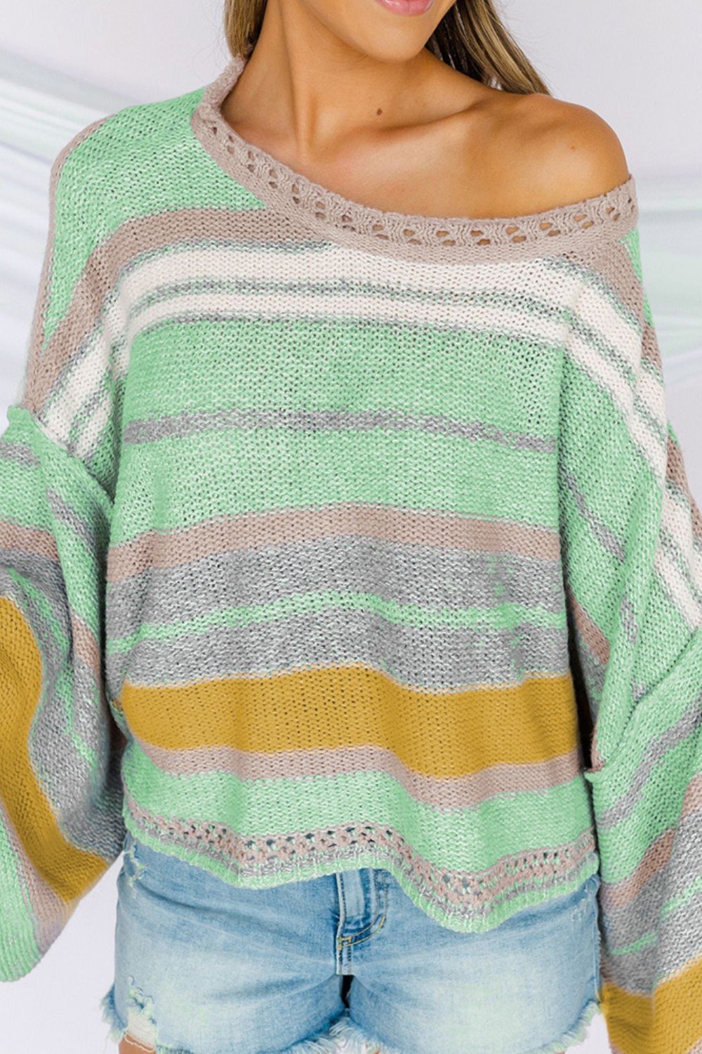 Contrast Striped Boat Neck Dropped Shoulder Sweater